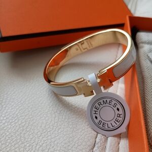 HERMES Ladies Clic H Narrow Bracelet White Color Gold Plated
